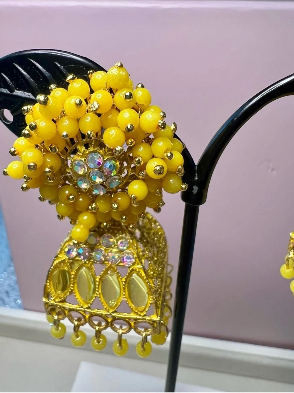 Yellow Beaded Gold-Tone Jhumka Earrings by